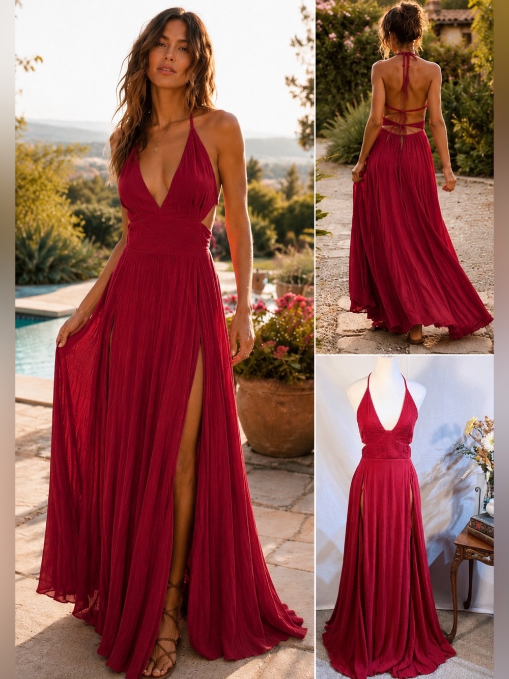 💥Free People free-est Lille Deep Berry Halter Open Back Maxi Dress Sz L💛